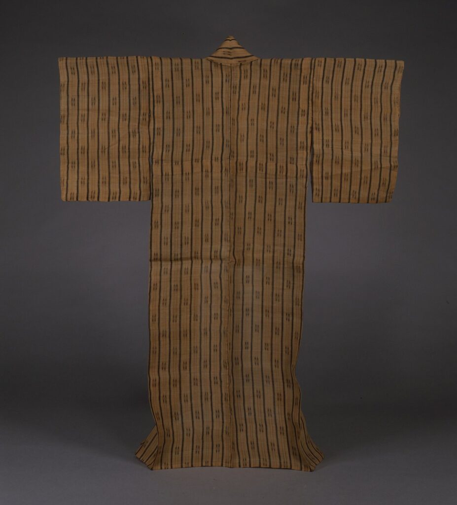 Historic bashōfu banana-fibre kimono with brown stripes and small kasuri crosses
