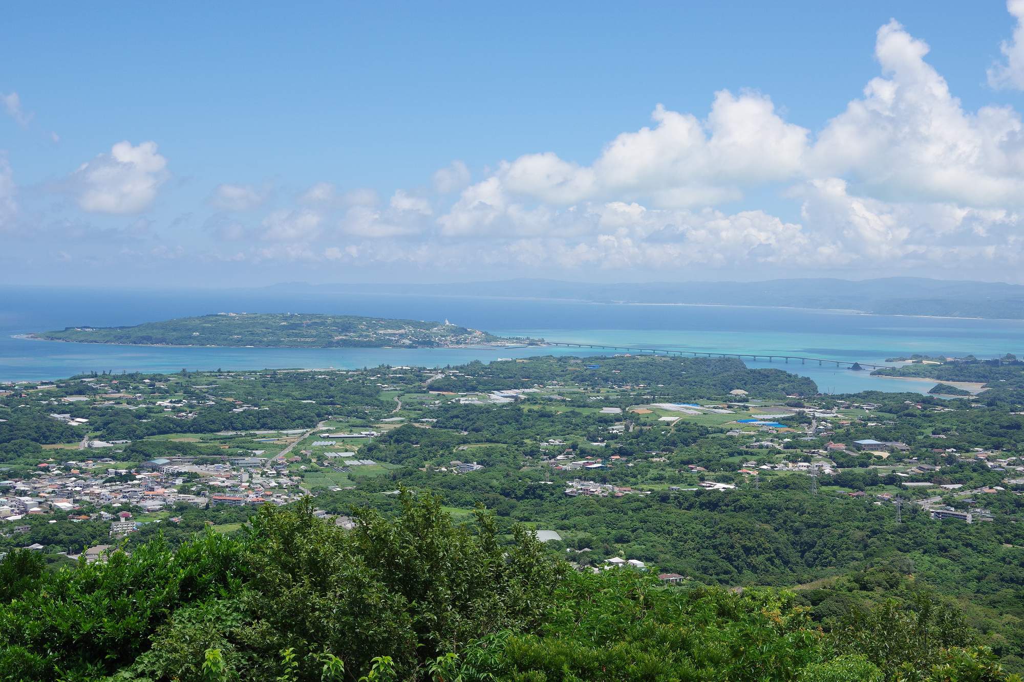 Kouri Island and Kouri Bridge seen from Mount Oppa, northern Okinawa Main Island