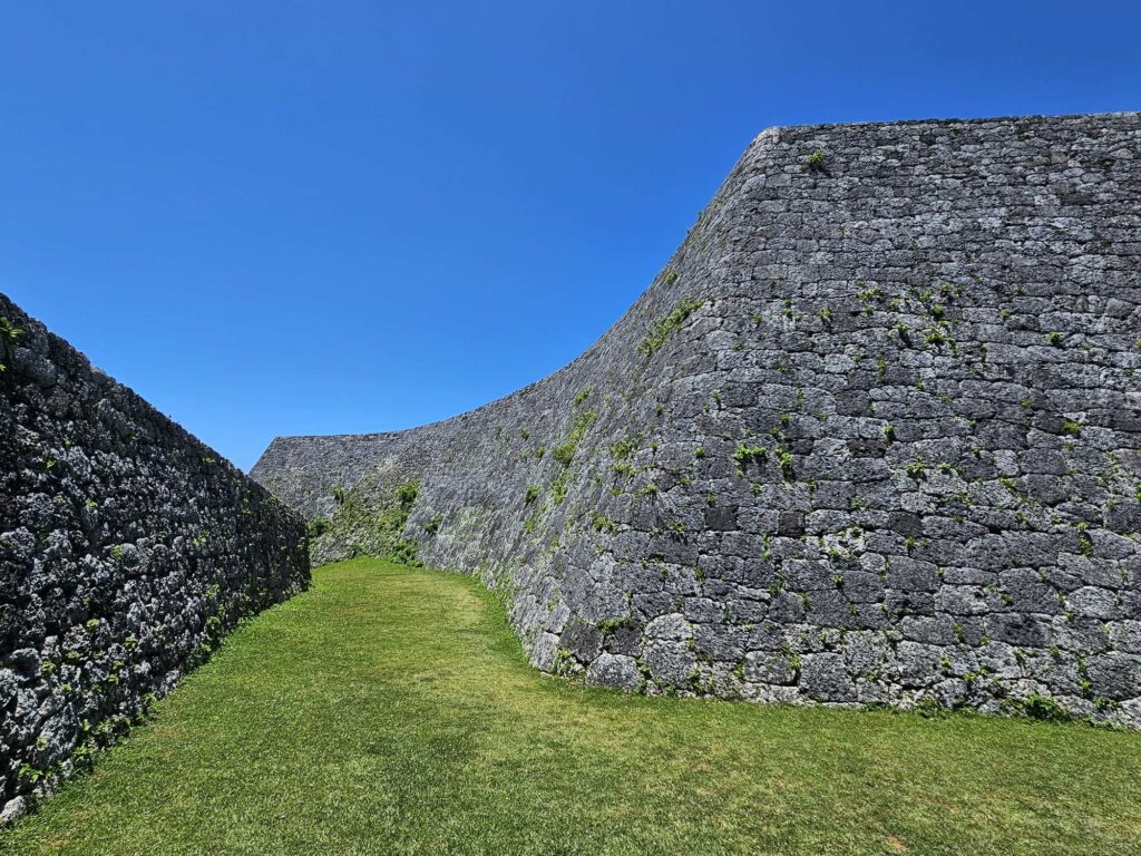 Curved stone walls and gate of Zakimi Castle in Yomitan